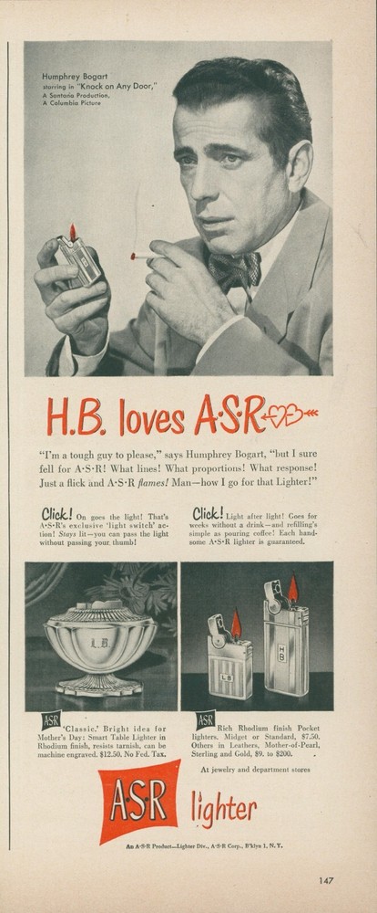 1949 ASR Lighter Humphrey Bogart Cigarette Vintage Print Ad Rhodium Table L2
