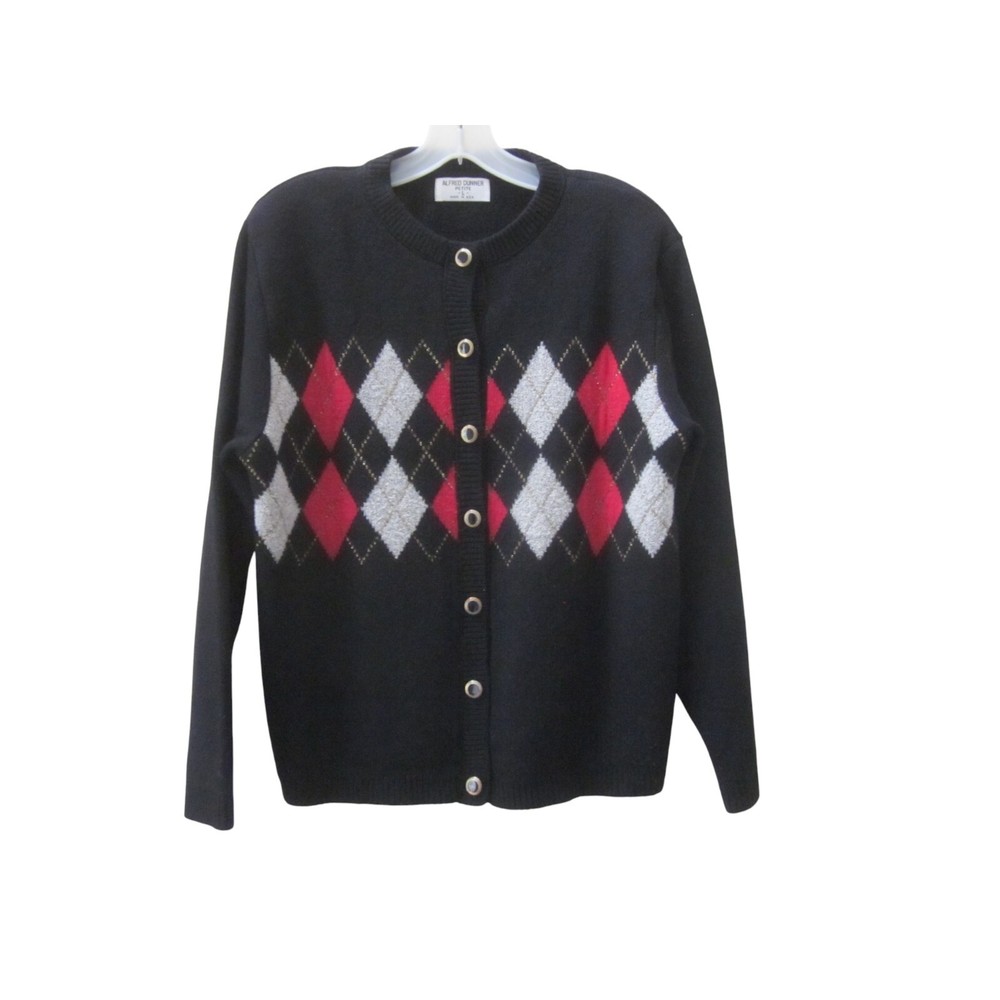 ALFRED DUNNER Petite Black w/ Gray Red Argyle Button Front Cardigan Sweater PL