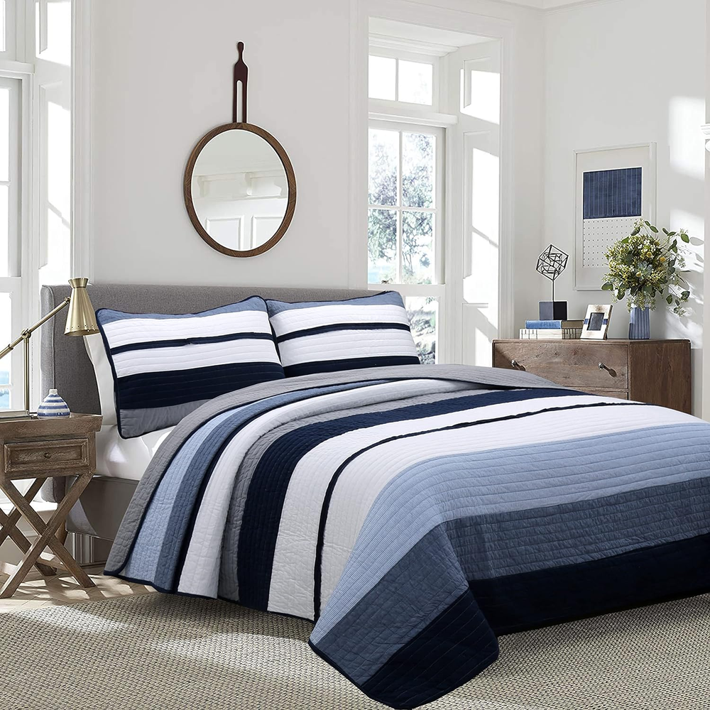 Tranquil Blue Gray Striped Boy 100% Cotton Reversible Quilt Bedding Set, All-Sea