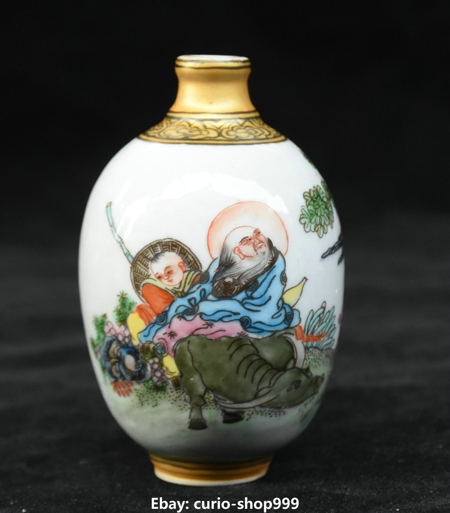 8CM Chinese Porcelain Old Man Snuff Bottle with Bull and Tongzi Statue