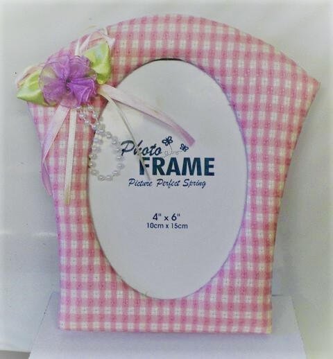 Soft Cloth Picture Photo Frame Pink Gingham holds 4 x 6 in photo- CLEARANCE SALE-image