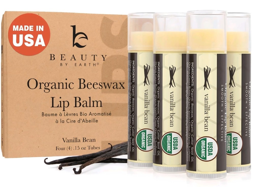 Organic Vanilla Bean Beeswax Lip Balm 4-Pack Fresh Until 2026 by Beauty By Earth