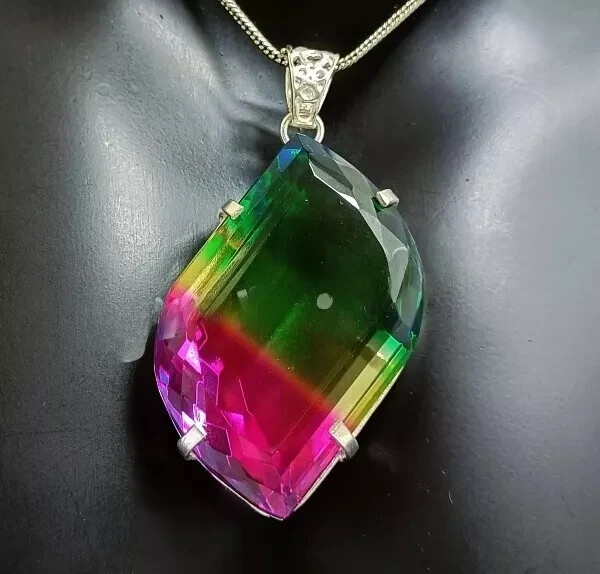 Bi-Color Fancy Cut Certified Tourmaline 85 Ct+ 925 Silver Pendant Gemstone