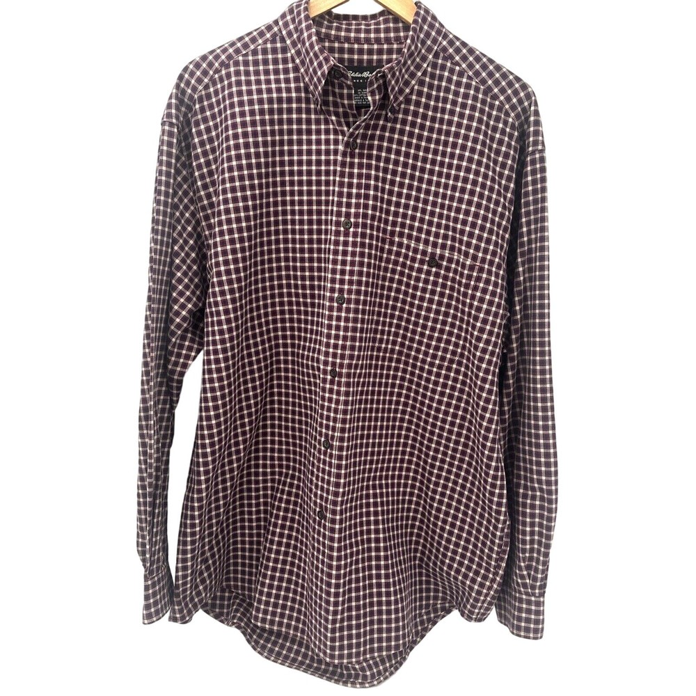 Vintage Eddie Bauer Men's Large Plaid Button-Down Shirt in Maroon and Blue Cotton