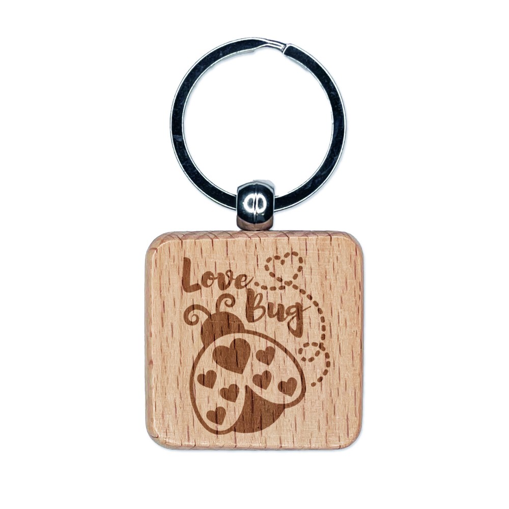 Love Bug Ladybug Lady Engraved Wood Square Keychain Tag Charm