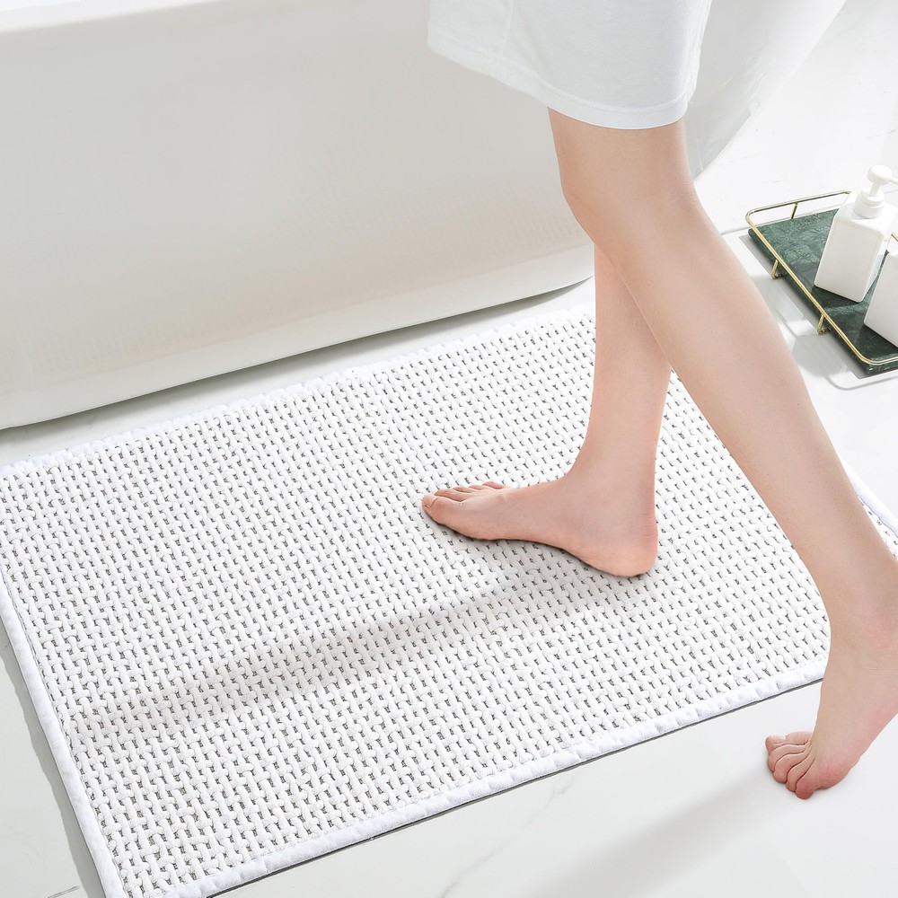 White Bathroom Rug 17x24 Chenille Bath Mat Non-Slip Washable Absorbent Floor Mat for Shower and Tub
