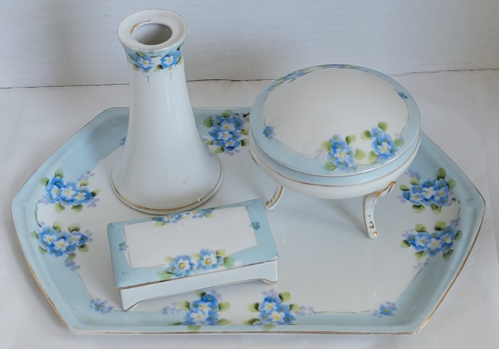 7 PC NORITAKE Blue Forget Me Not Vanity Tray - Hatpin Holder - Powder - Trinket