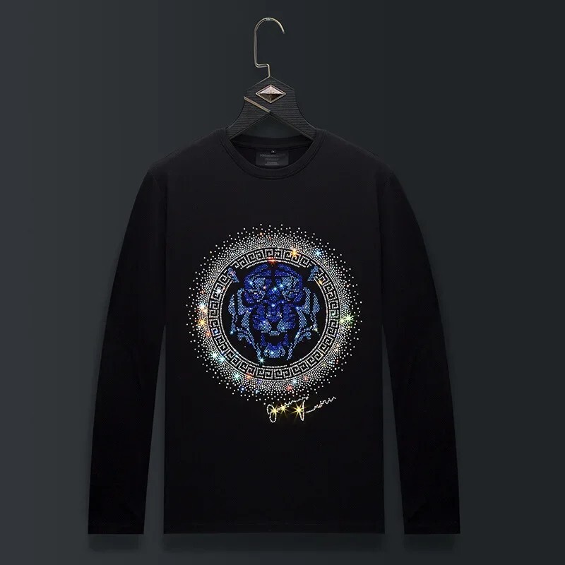Fashion Tiger Trend Rhinestone Long Sleeve Luxury  Men T-Shirt Plus Size 6XL