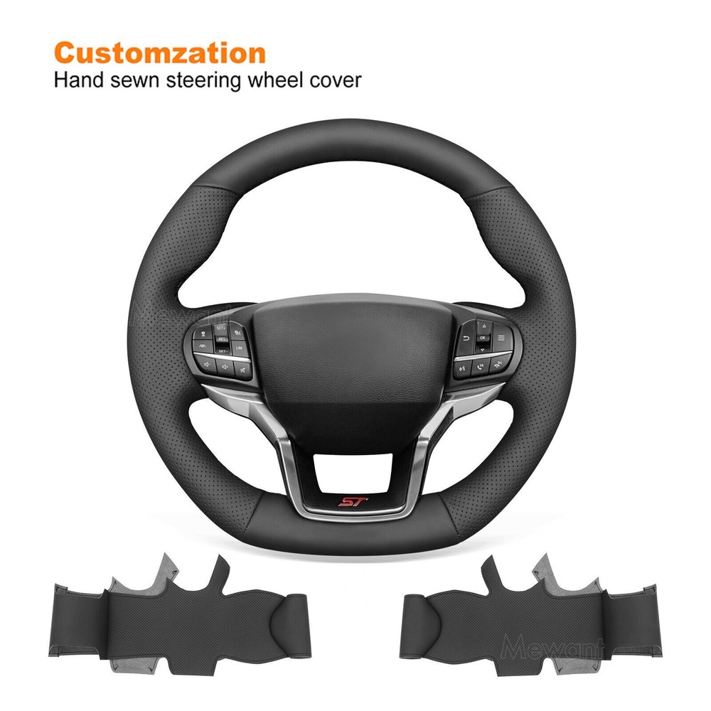 Hand sewn Black Genuine Leather Steering Wheel Cover for Ford Explorer ST 2020-