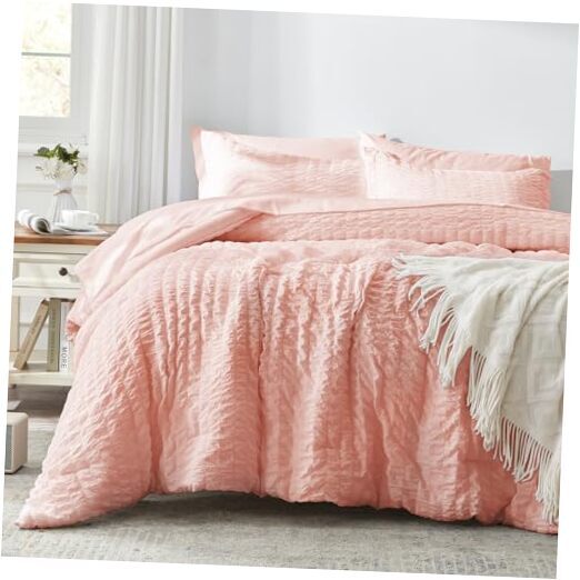 Comforter Set 7 Pieces, Pink Seersucker Bed in a Bag with Comforter Queen Blush