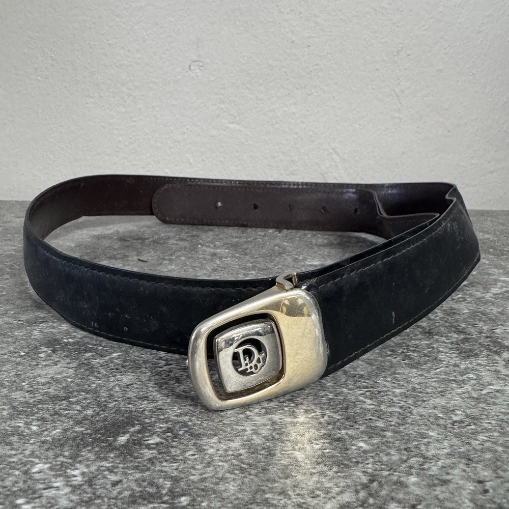 Christian Dior Mens Vintage Reversible Leather Belt Black Brown Gold Buckle