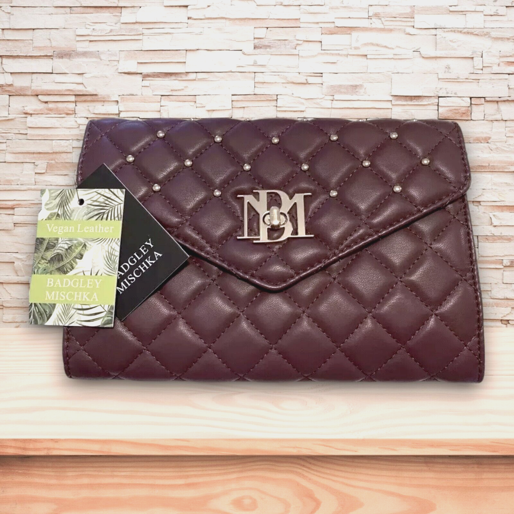 Badgley Mischka Crossbody Bag Diamond Quilt Convertible Vegan Leather Plum NWT