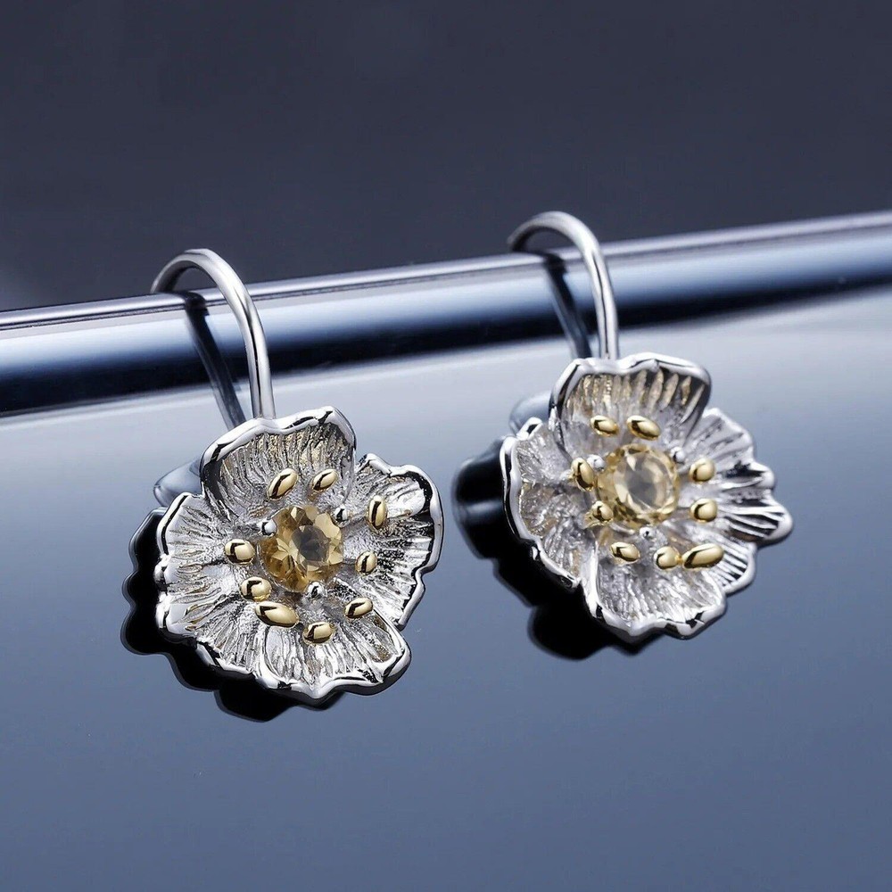 Natural Citrine Gemstone Blooming Poppies Sterling Silver Earrings