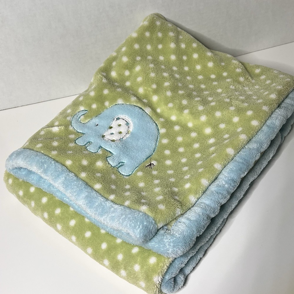 Carters Green Polka Dot with Appliqued Elephant Plush Baby Blanket 30x40