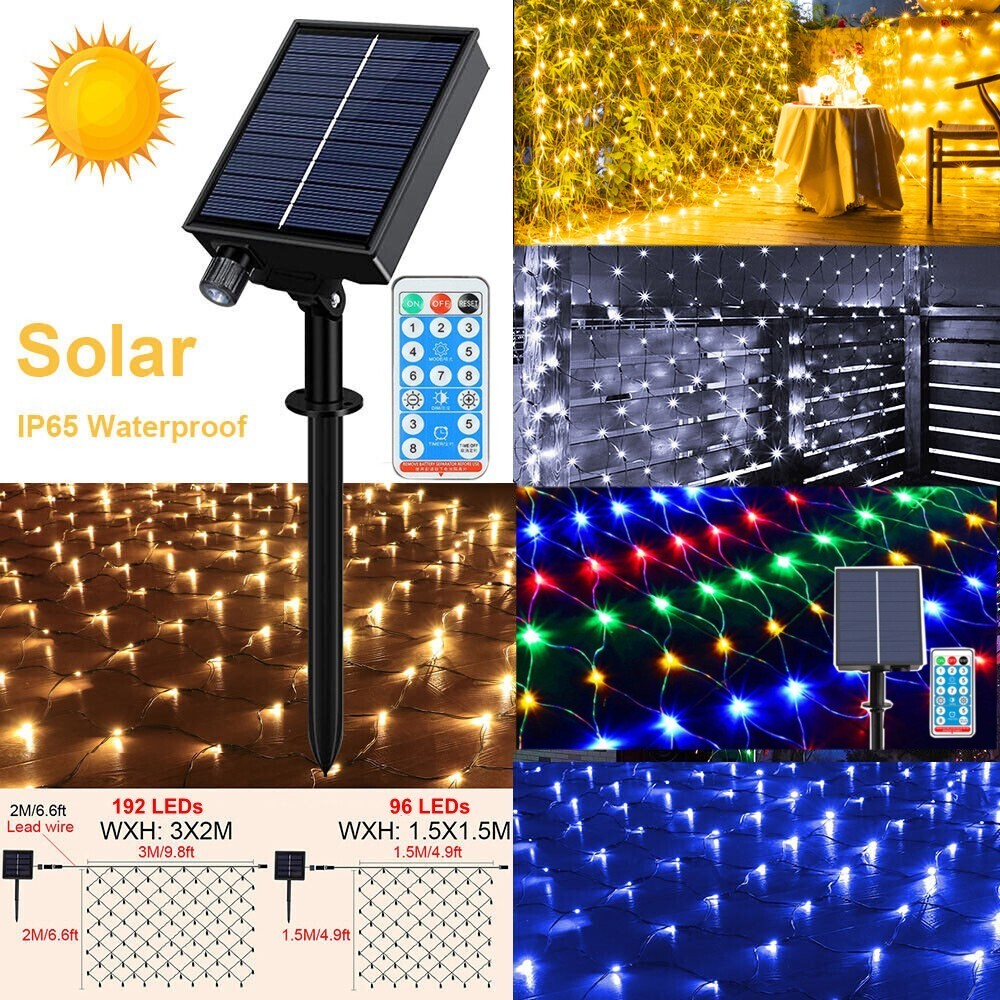 Waterproof Solar LED Fairy String Net Mesh Curtain Lights Outdoor Party Decor