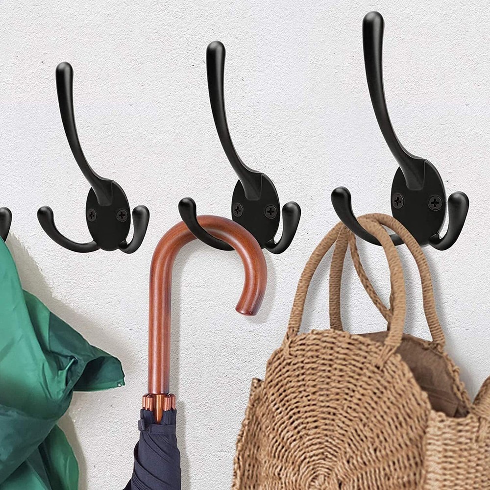 5 Pack Black Coat Hooks Wall Mounted Wall Hook Heavy Duty Big Three Prongs Ho...