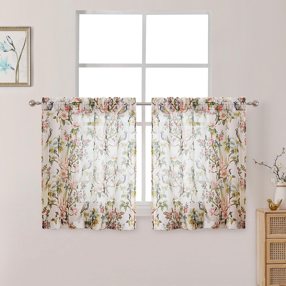 Crushed Sheer Curtains Tiers 36 Inch Length 2 Panels, Printed Design Small Ha...
