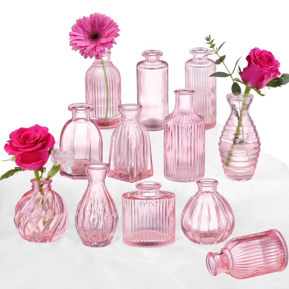 Pink Glass Bud Vases Set of 12 Modern Ribbed Design for Fresh Flowers