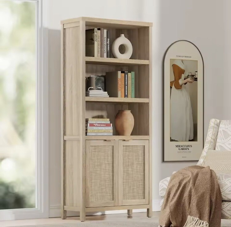 Boho Rattan Bookshelf 5-Tier Wooden Storage Cabinet Modern Woven Cane Bookcase