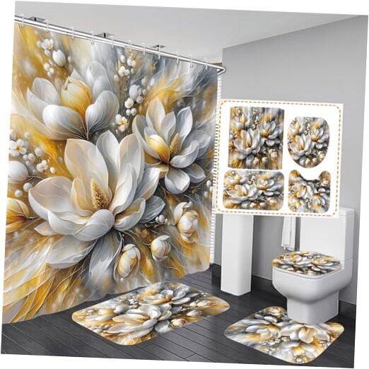 4-Piece Magnolia Flowers Shower Curtain Set Dreamy Beauty Bathroom Set Gold