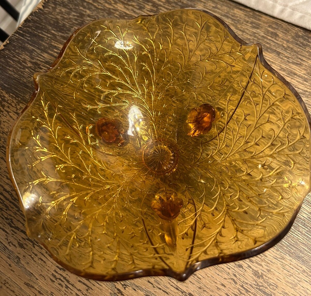 Vtg Fenton Silvertone Amber Glass Three Footed Bowl Branch Design 1930's