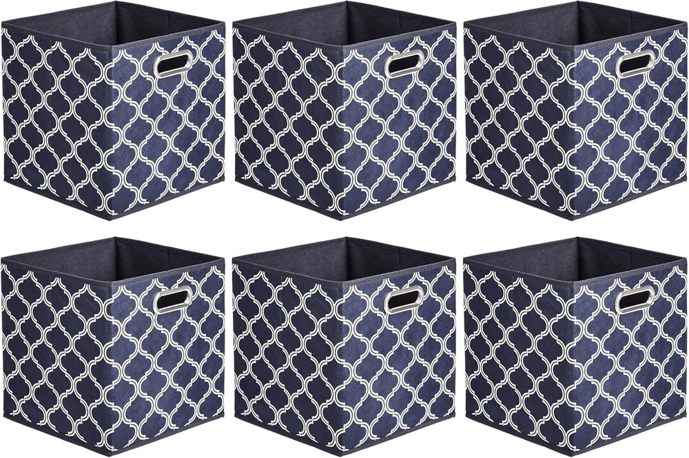 6 Pack Foldable Fabric Cube Storage Boxes 27cm with Oval Grommets in Trellis