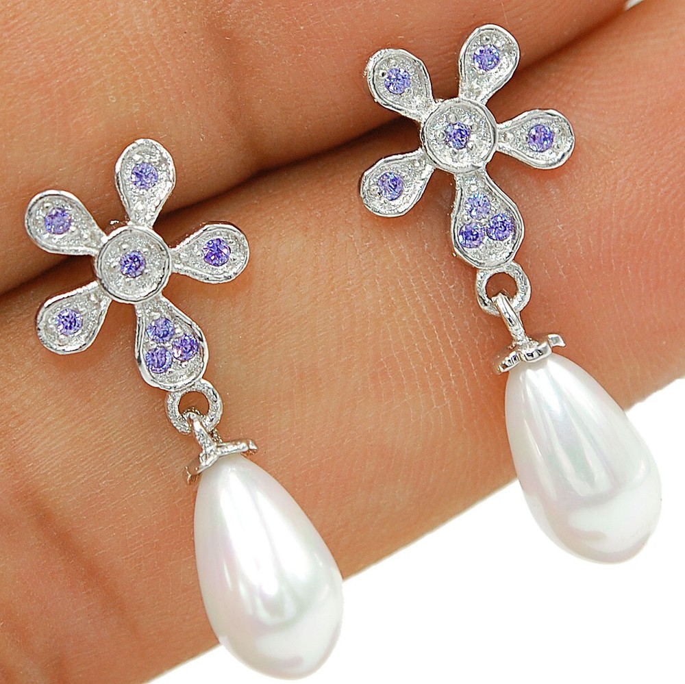 1CT Freshwater Pearl and Amethyst 925 Sterling Silver Drop Earrings Y2-1
