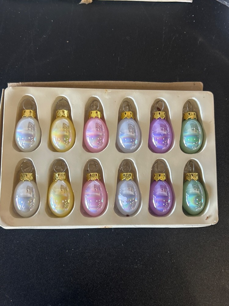 Vtg Mini Glass Easter Egg Ornaments Set of 12 Iridescent Pastel 1.5” Spring Deco
