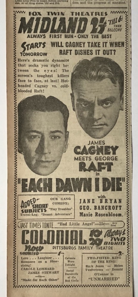 1939 newspaper ad for movie Each Dawn I Die - George Raft meets James Cagney
