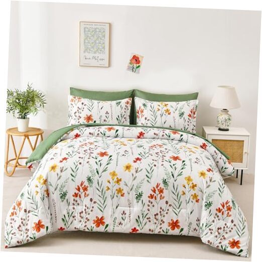 Botanical Comforter Set Queen Size,7 Pieces Queen 90“×90” Colorful Floral B