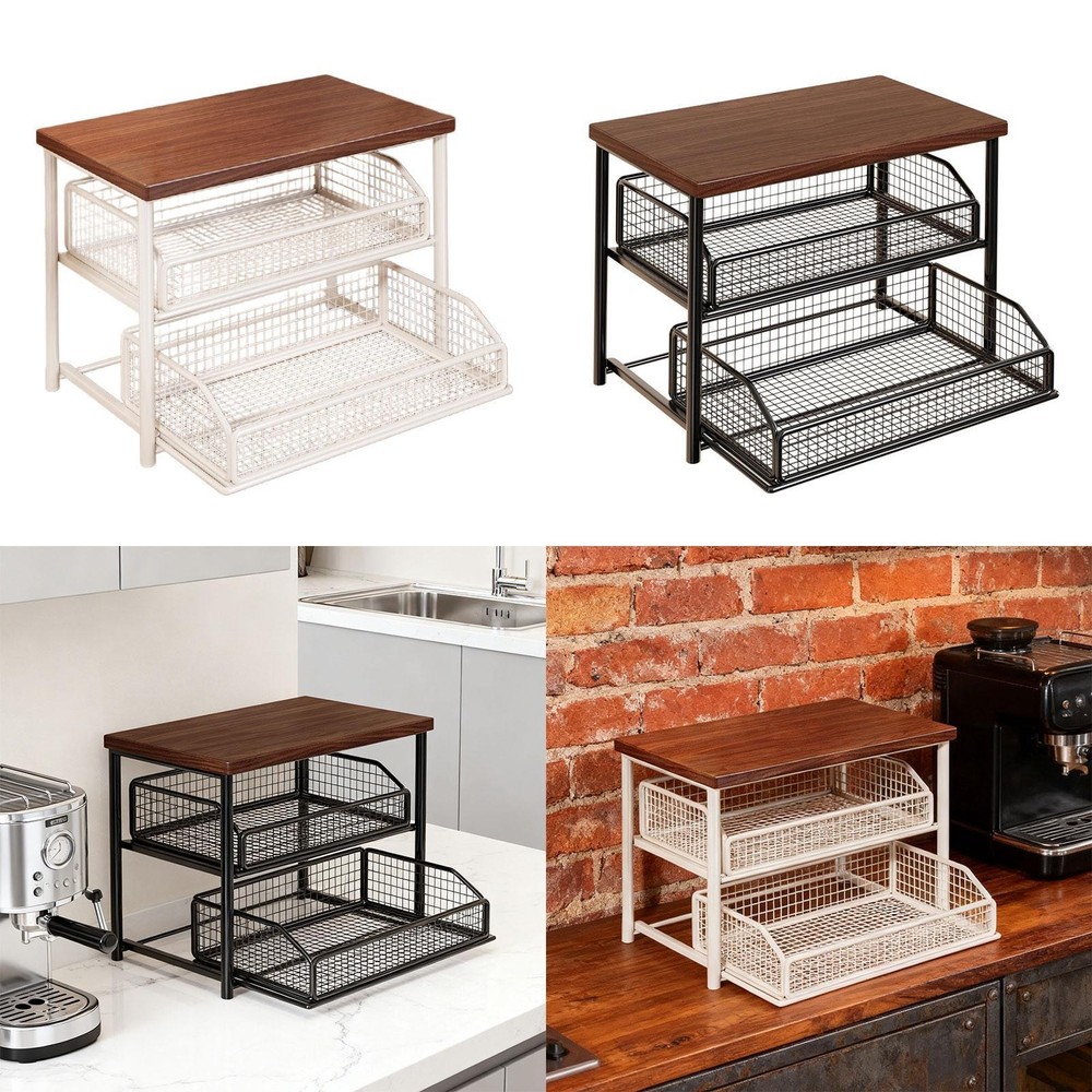 Coffee Organizer Station Storage Shelves Wooden Kitchen Counter Shelf 2 Tier