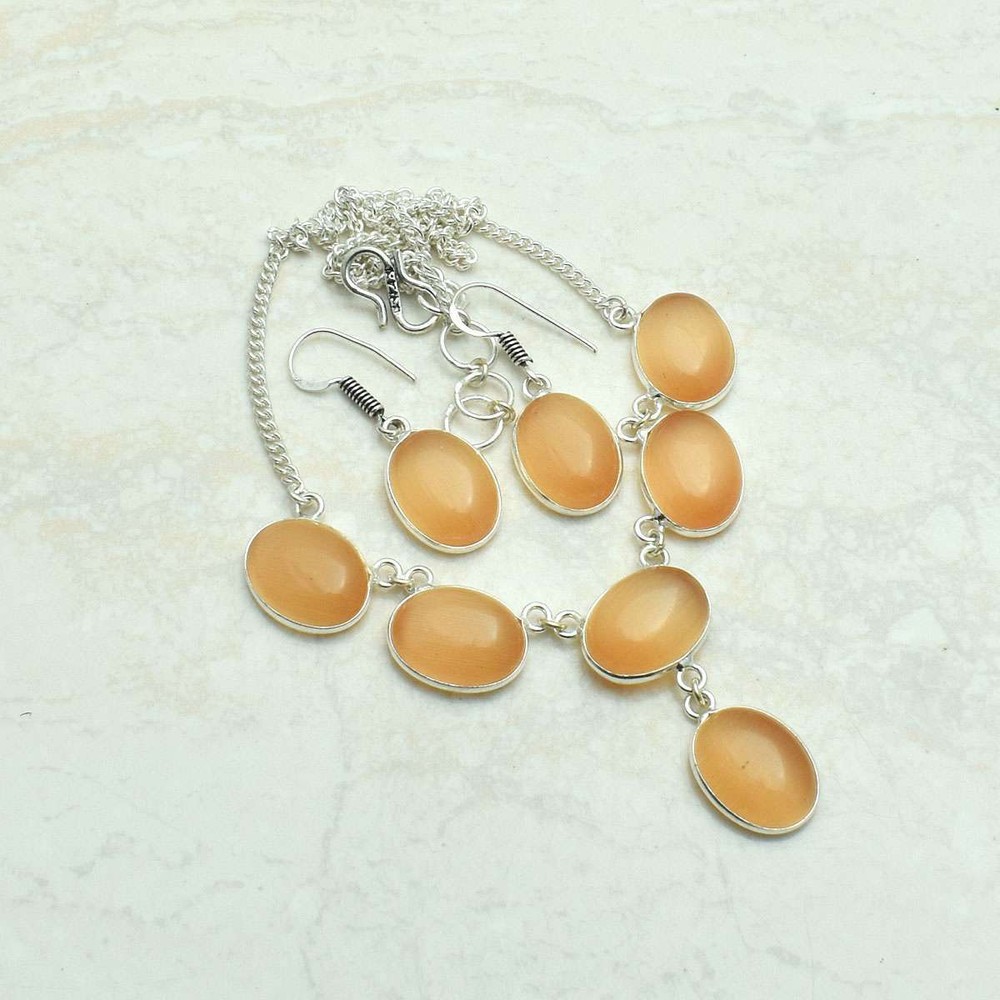 Cat Eye Gemstone Ethnic Handmade Necklace+Earring Jewelry 20 Gms AN 62743