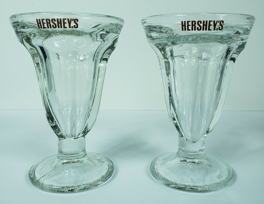 Two Vintage Hershey Logo Ice Cream Sundae Thick Clear Glass Heavy 6” Height