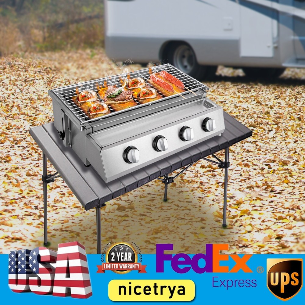 Gas BBQ Grill Stainless Steel Outdoor Camp Picnic Barbecue Shish Kabob 4 Burner