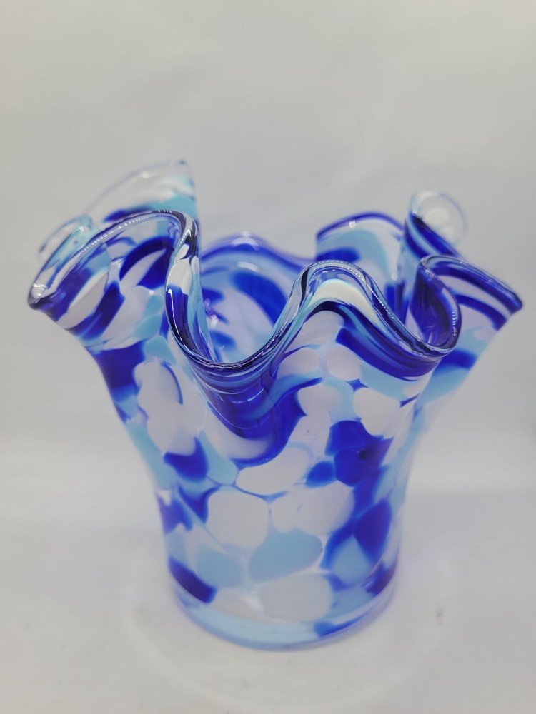 Blue & White Ruffled Art Glass Candle Holder Vase 6 Inch