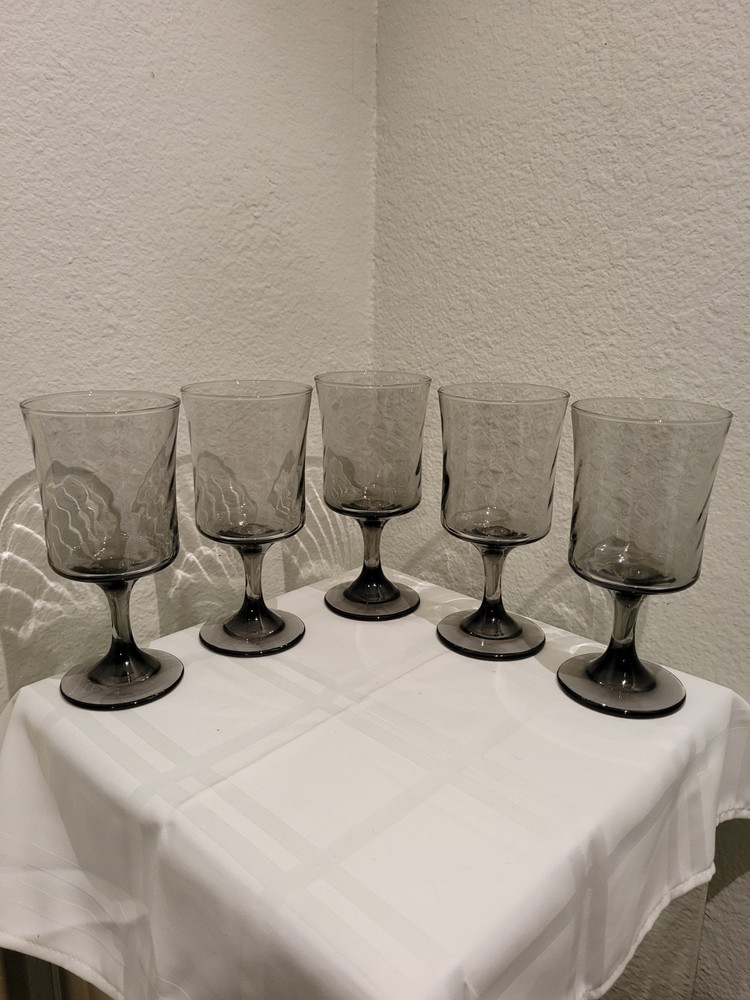 Vintage Libbey Smoke Gray Swirl Water Goblets Set of 5 6.75 Inch Tall