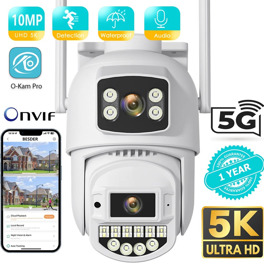 10MP 5K Wifi Camera PTZ Dual Lens Dual Screen Email Alert 4K Security Protection