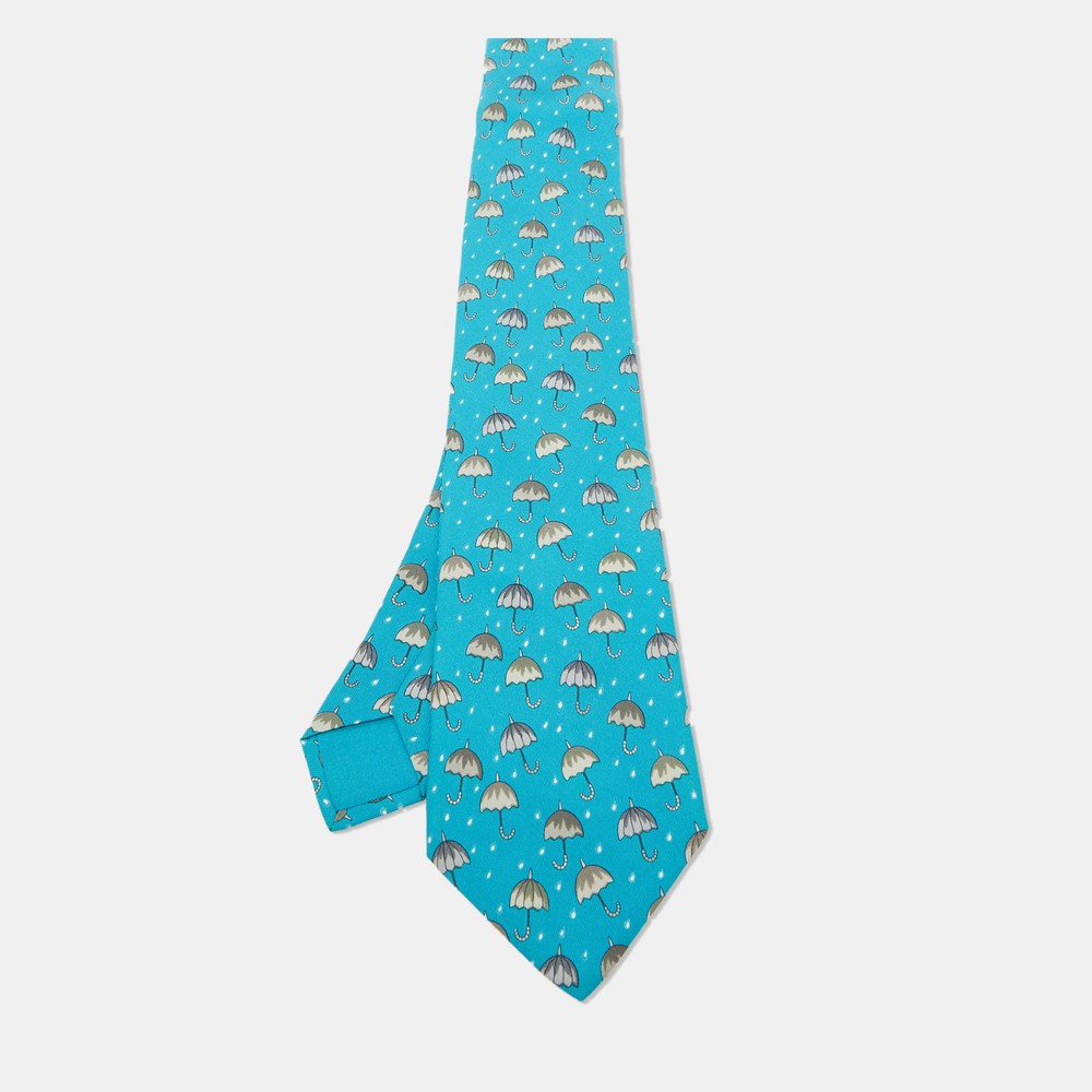 Hermes Blue Grey Umbrella Print Classic Silk Tie for Men