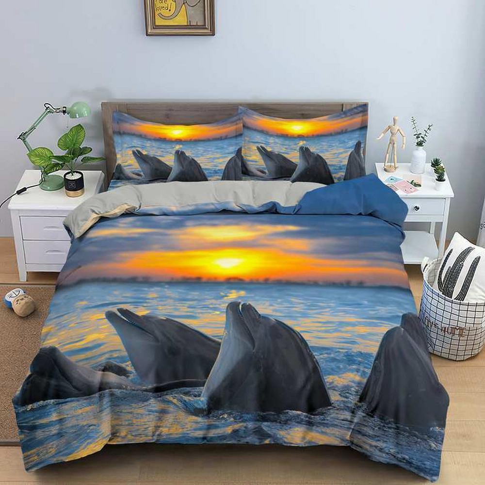 Blue Dolphin Hai Printed Home Decoration #1 Quilt Duvet Cover Set Bedspread