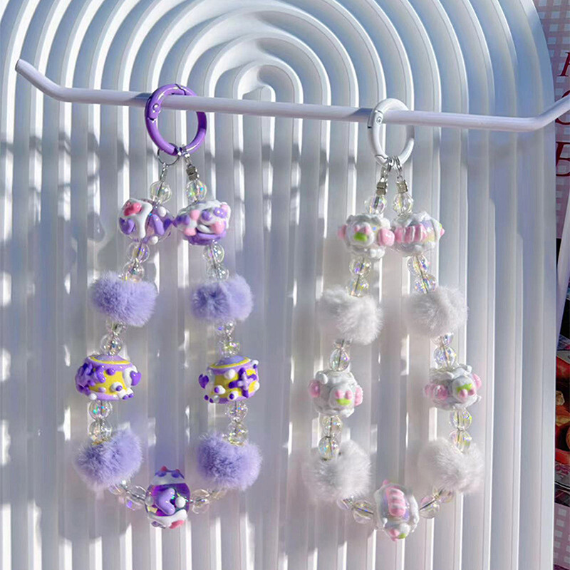 Autumn Winter Plush Beaded Phone Lanyard Anti-Lost Strap