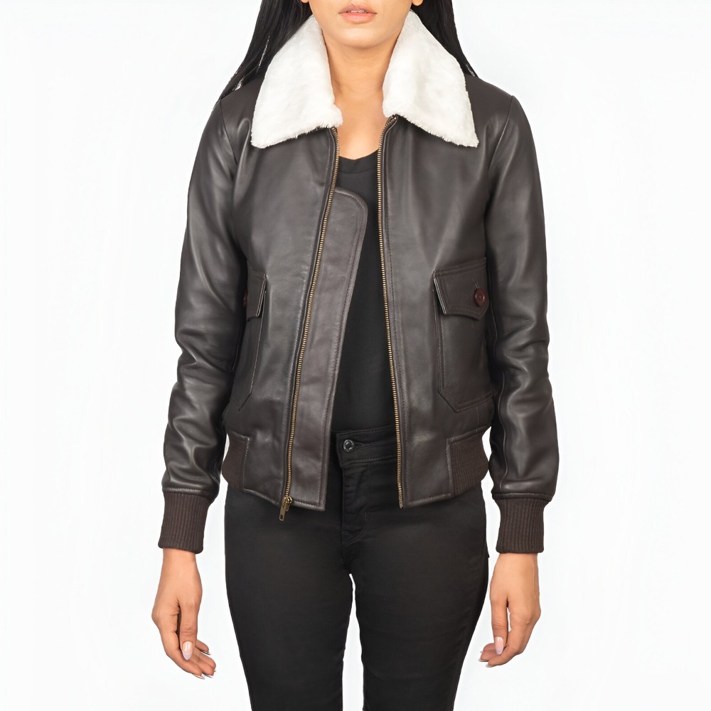 Brown Sheepskin Leather Bomber Jacket for Men Women Kids Warm Zipper Flight Coat