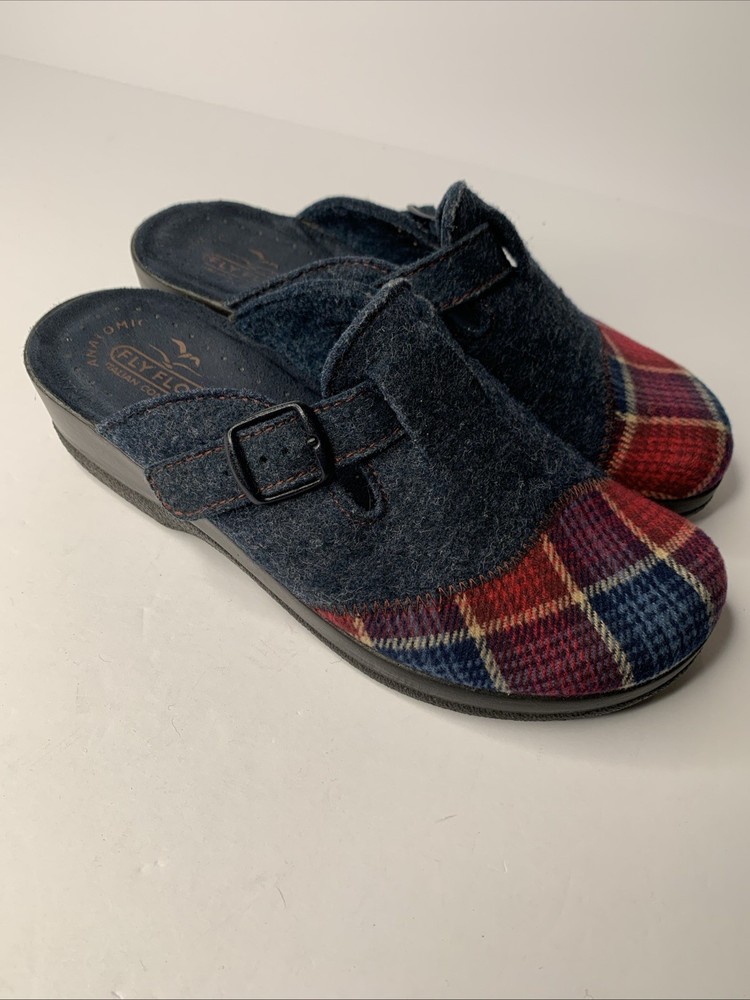 Fly Flot Womens Plaid Mule Slippers Blue Red Size 38 7.5