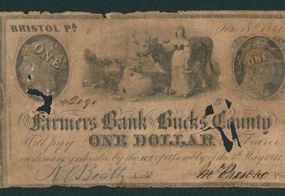 $1 1841 The Farmers Bank of Bucks County - Penn Obsolete Note CURRENCY