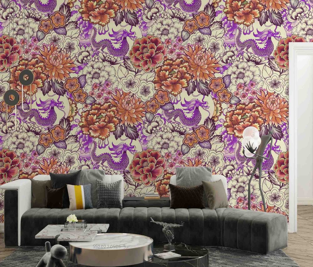 3D Chinese Dragon Flowers Pattern Wall Murals Wallpaper Murals Wall Sticker