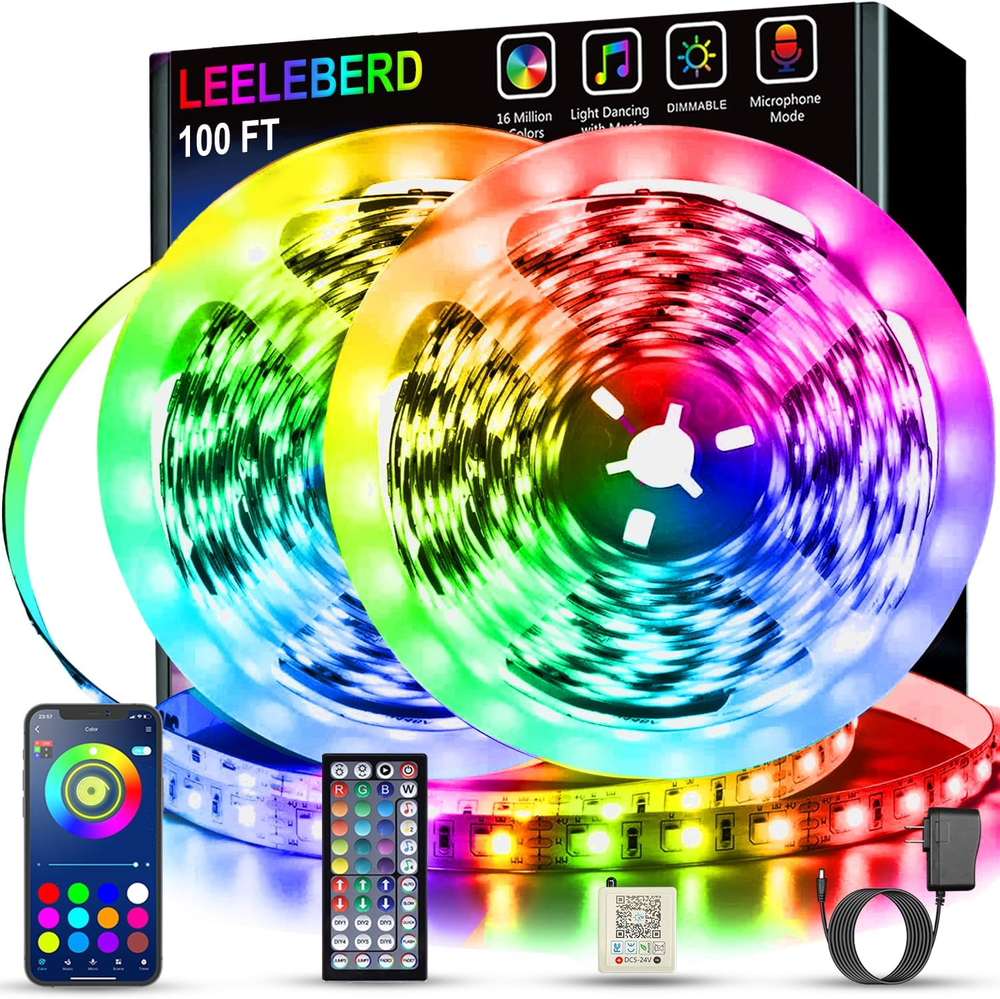 100ft LED Strip Lights for Bedroom - 2x50ft RGB Color Changing with Music Sync