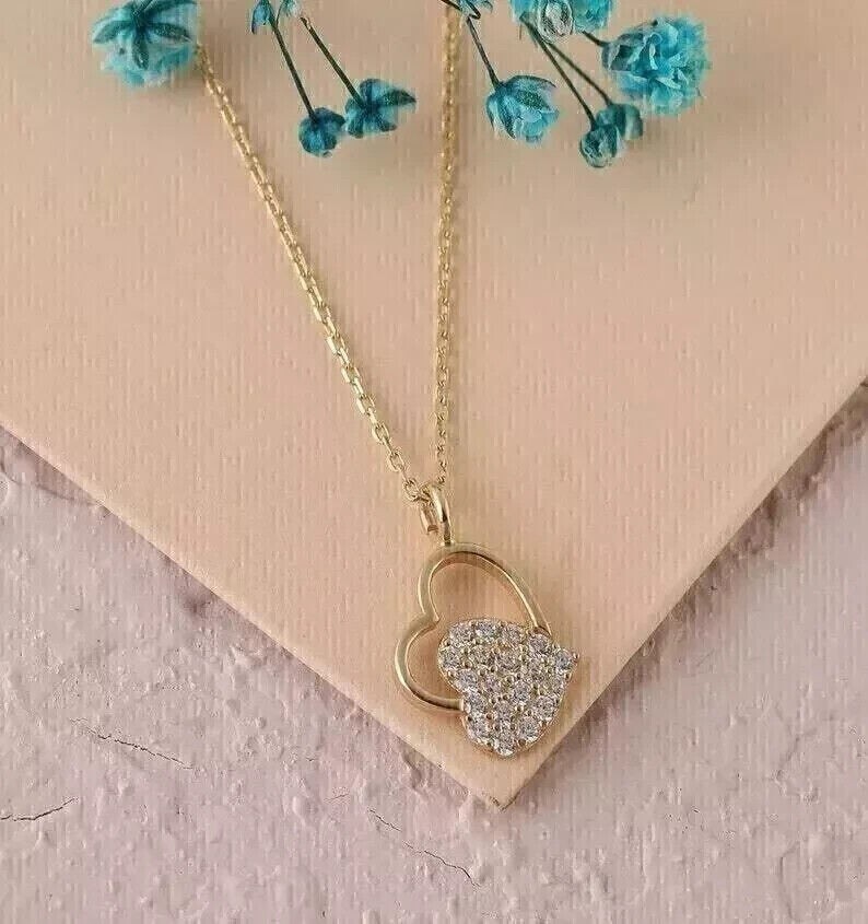 Round Simulated Diamond Open Heart Shape Pendant 14K Yellow Gold Plated Silver