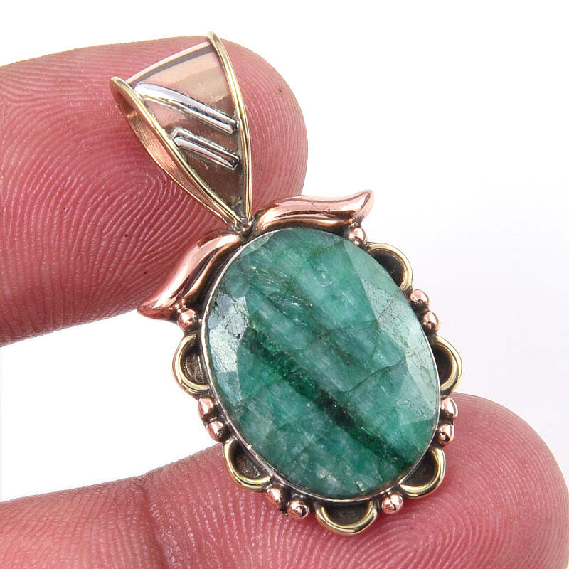 Emerald(Simulated) Handmade 925 Sterling Silver Gift Two Tone Pendant 1.25