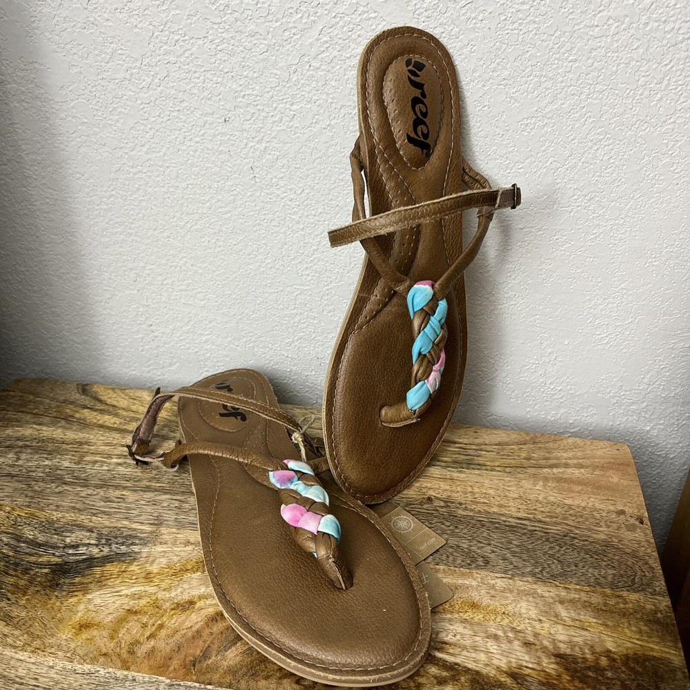 Reef Woman’s Sz 9 Mayan Sunlight Brown Buckle Leather T Strap Sandals New