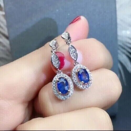 Oval Blue Sapphire Simulated Drop Earrings in 14K White Gold Plated  