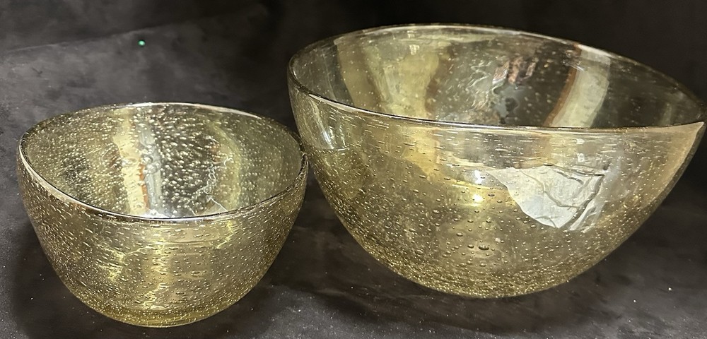 Vintage Hand Blown Golden Amber Art Glass Bubble Bowl Set Of Two